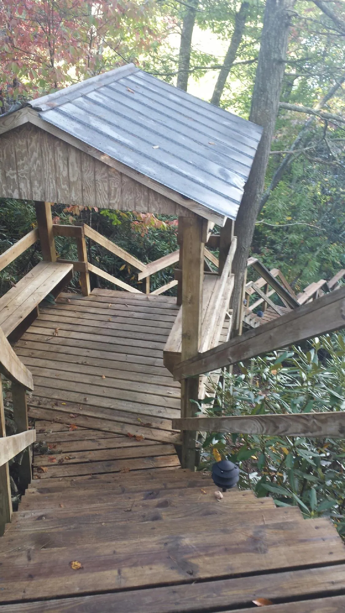 Metal roofed shelter over wooden steps on a wooded walkway — Skylight Repair & Installation work by our crew in Opelika